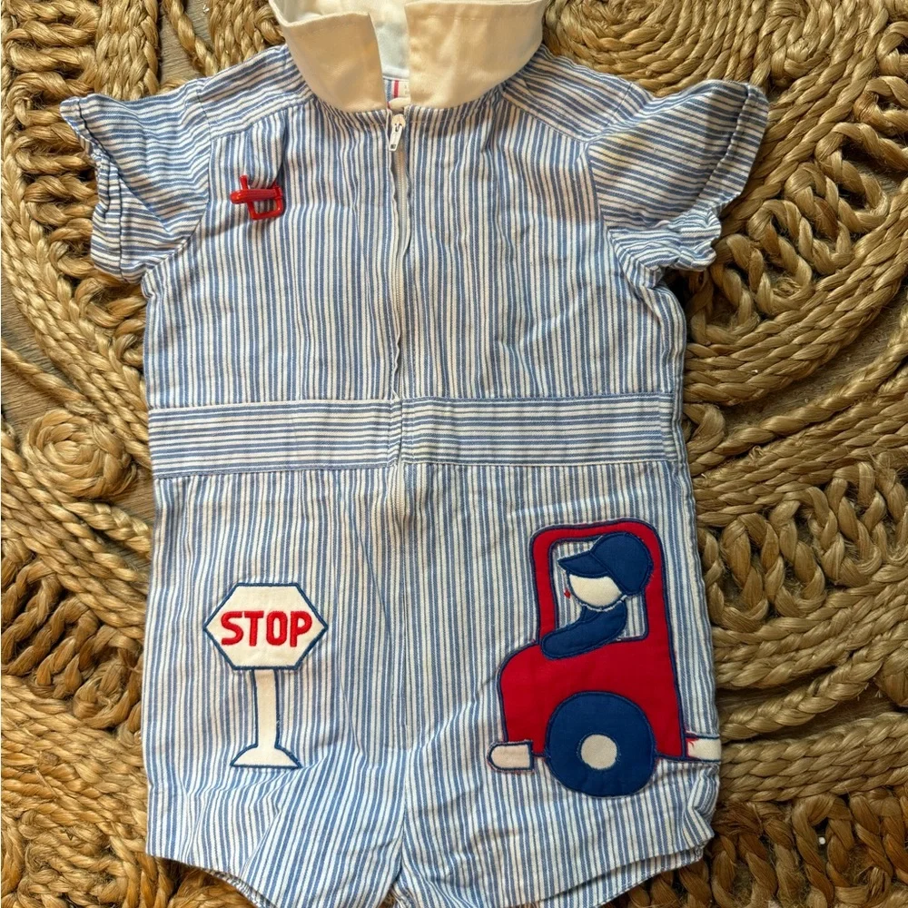 Vintage Striped Baby Romper with Car and Stop Sign‎ Patches